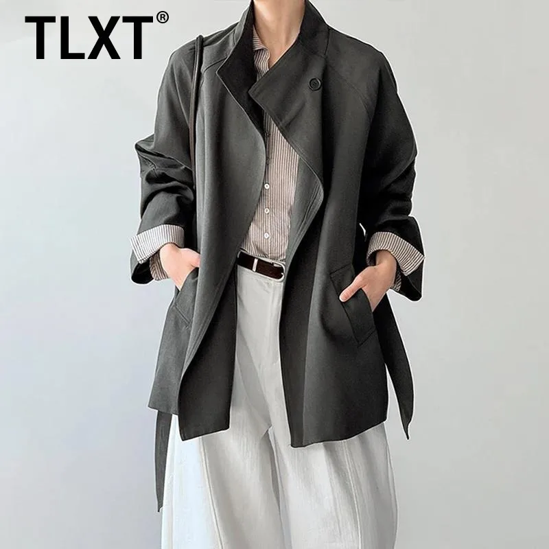 

TLXT Elegant Women's Trench Coat Stand Collar Single Breasted Belt Gathered Waist Office Lady Windbreaker Fashion Winter 2025