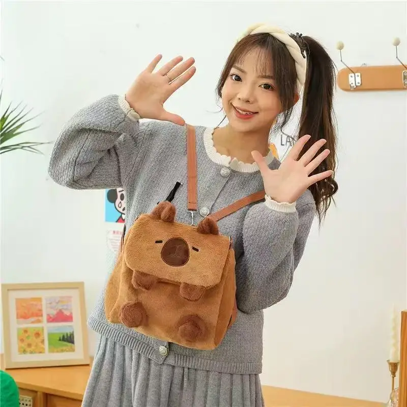 Pluszowy plecak z kapybarą z kreskówki, prosty wzór zwierzęcy, torba na ramię do szkoły, włochata kapybara, torba z klapką, damska torba na ramię.