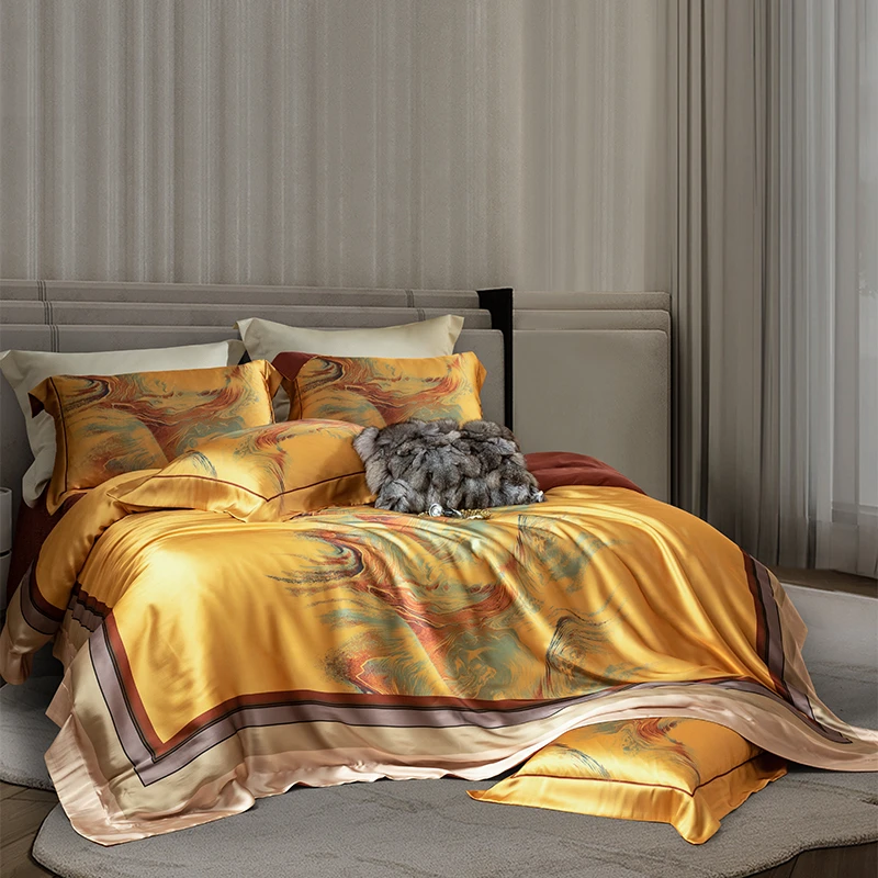 

Комплект постельного белья из 4/5 предметов: роскошный золотой сатиновый хлопковый пододеяльник, простыня, покрывало, наволочки, жаккардовый пэчворк, дамаст, декор для дома