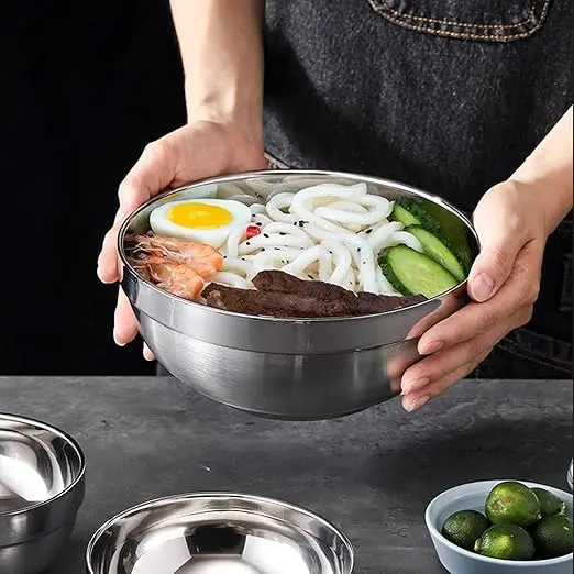 Double-Layered Heat-Insulating Stainless Steel Bowl Versatile Food Holder for Ice Cream Hot Soup Rice Noodles Grains