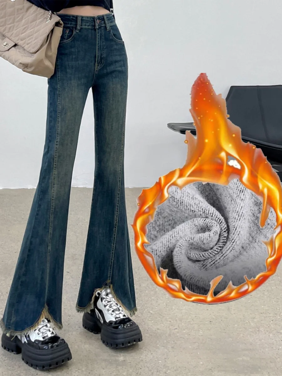 

Джинсы женские с высокой талией, на подкладке, расклешенные, осенне-зимние, больших размеров, брюки-клеш, американский стиль, с разрезом, микро-клеш, деним