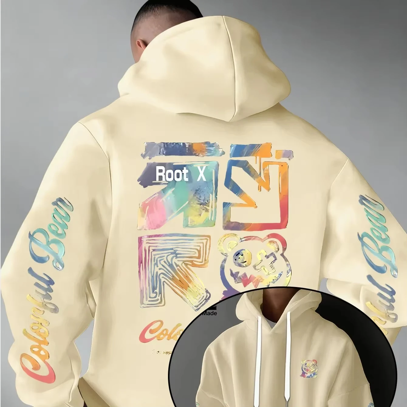 2026 New Style Cotton Winter-Spring Men's Rainbow Splashing Graffiti Root X Bear Colorful Bear Print Soft Casual Sports Hoodie