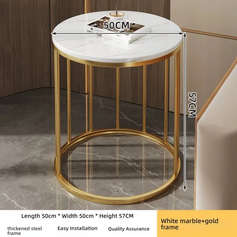 Modern round coffee table, black metal base, white marble pattern desktop, suitable for living room home decoration