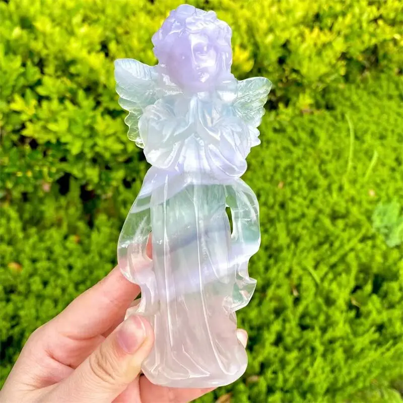 

15CM Natural Fluorite Angel Figurine Hand Carved Healing Stone Gemstone Reiki Home Decor Crystal Craft Gifts 1pcs