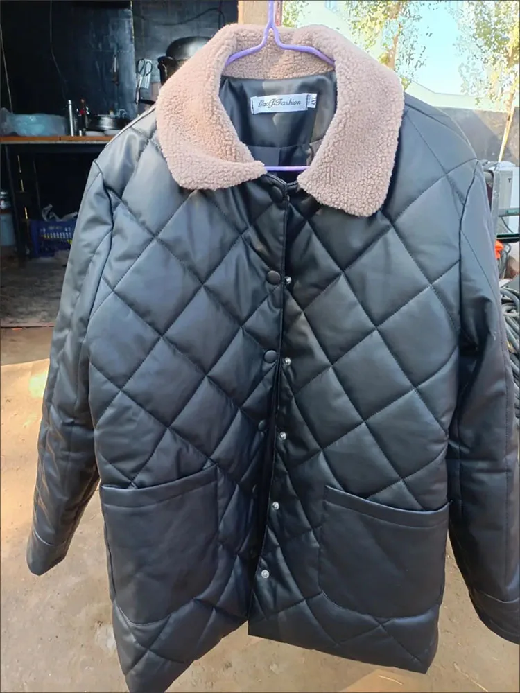 Chaqueta de cuero sin abertura para mujer, abrigo corto acolchado de algodón, suave, Parkas de cuero PU cálidas para mujer de mediana edad, Invierno