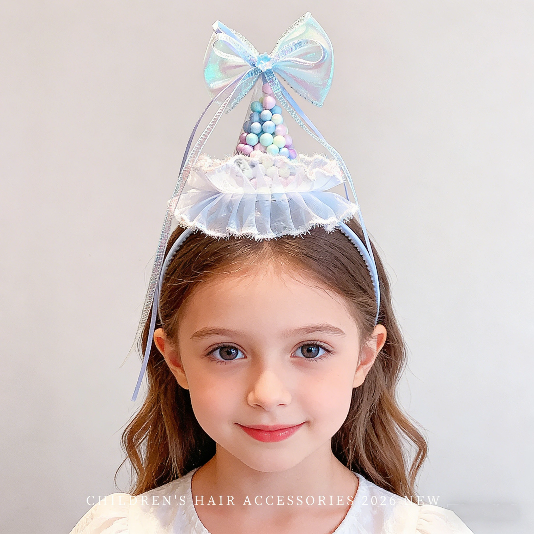 Mädchen Mini-Partyhut Stirnband Hellblau Glitzer Pompon Kegelhut Stirnbänder Schleife Schneeflocken-Dekor Tüllschleier Haarreif 2026 Winter – Detail 1
