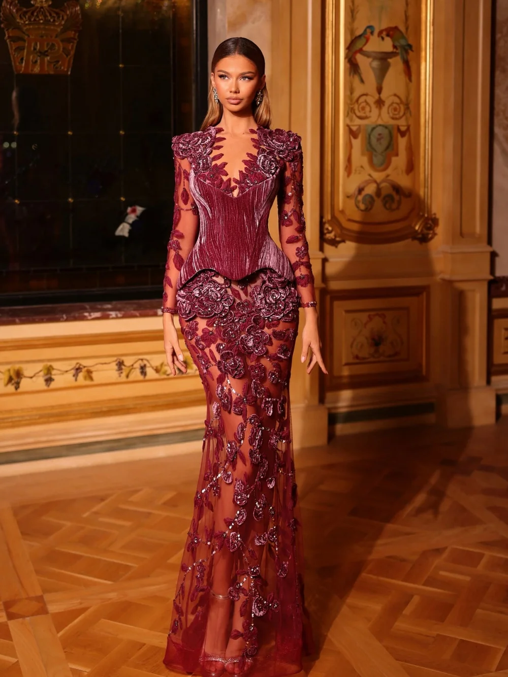 

Solemn Deep V Neck Evening Dress Elegant 3D Floral Velvet Carpet Gown Fashion Beaded A Line Party Gown فساتين سهرة