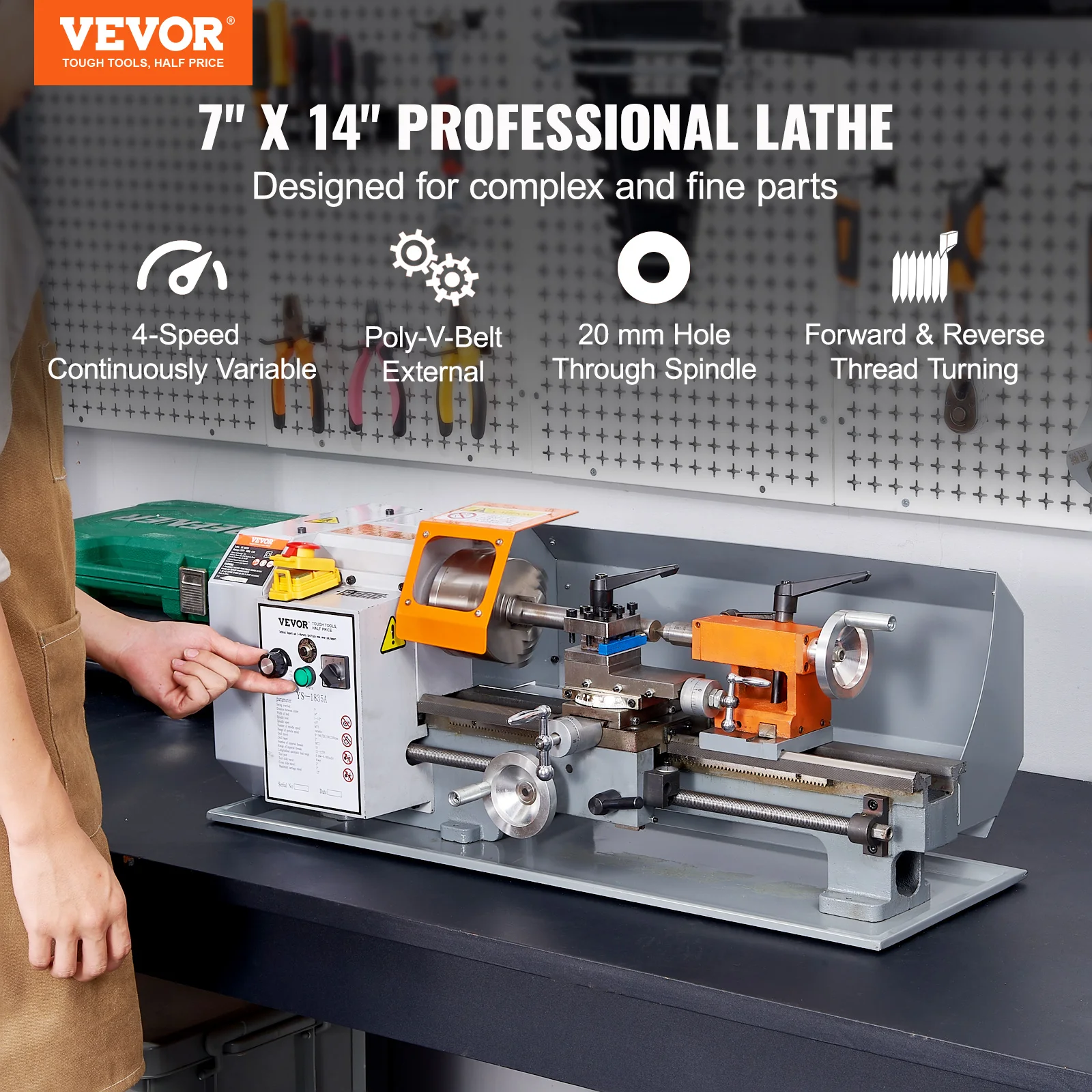 VEVOR Benchtop Metal Lathe, 7'' x 13.78'', precise metalworking with a 0-2200 RPM variable speed, powered by a 500W brush motor