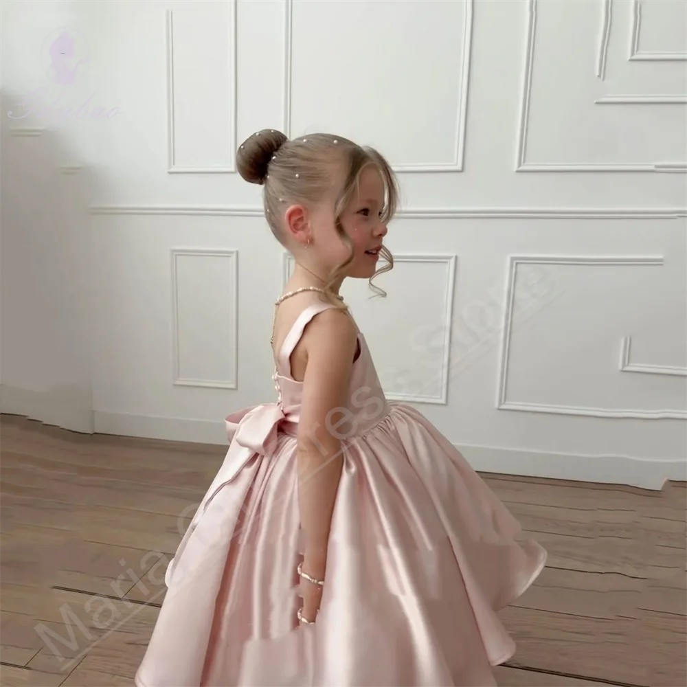 Pink Satin Flower Girl Dress Square Neck Wedding Party Holy Communion Knee-Length Children's Birthday Clothing