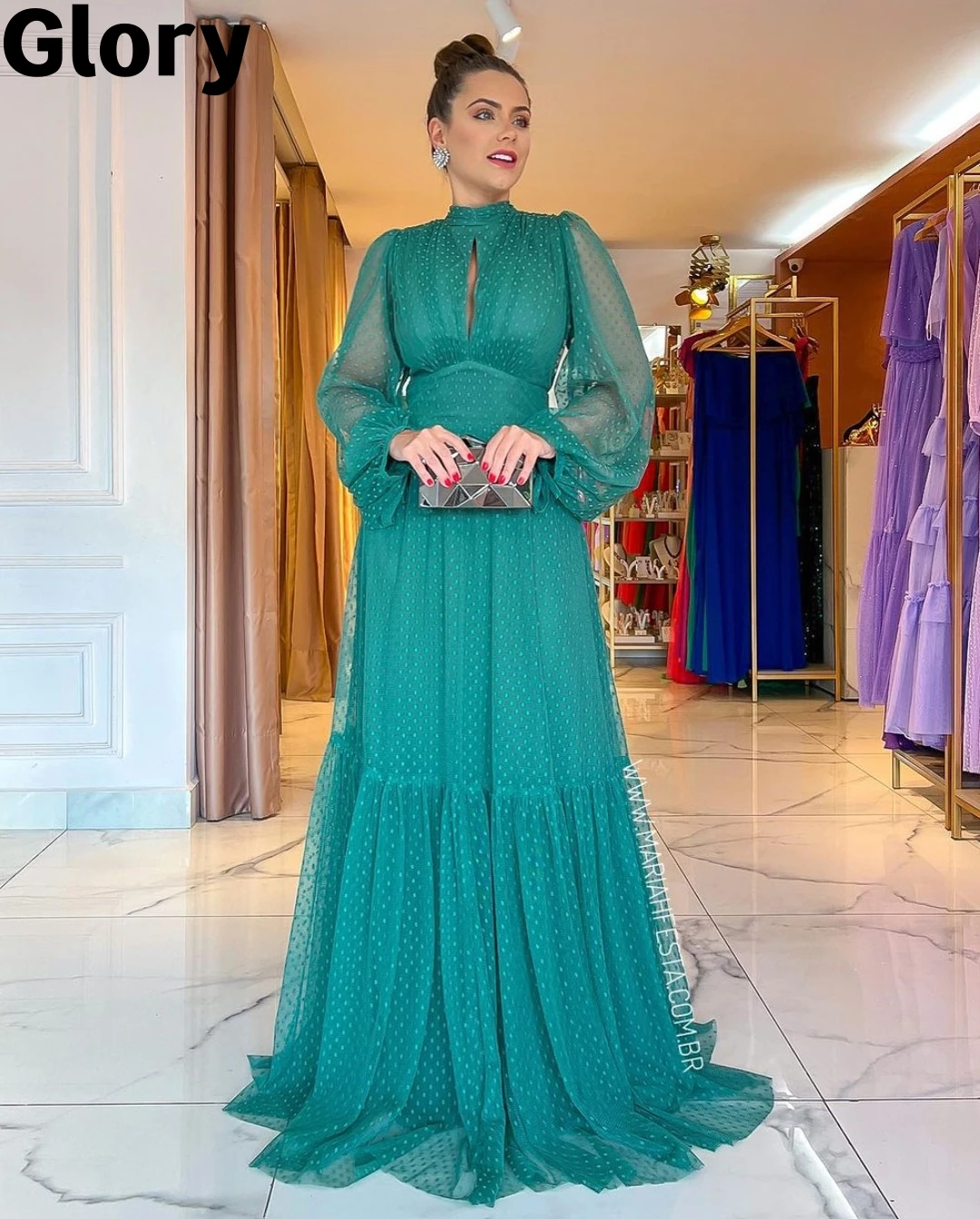 Dark Green Wave Point Prom Dresses Puff Long Sleeves Backless Floor-Length Elegant Lady Evening Dresses 2023 Formal Party Gown