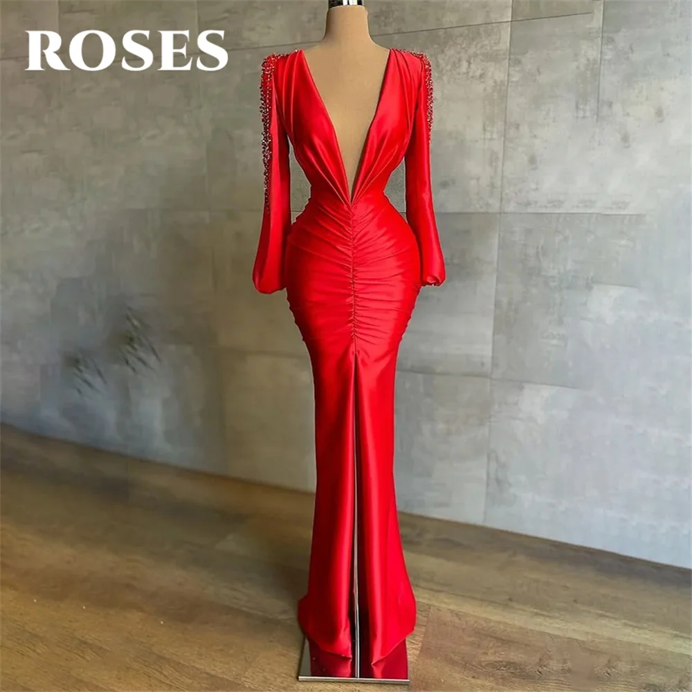 ROSES-vestido de noche rojo Simple, corsé con cuello en V, Trompeta con cuentas, mangas largas abullonadas, satén, largo hasta el suelo, para fiesta de graduación