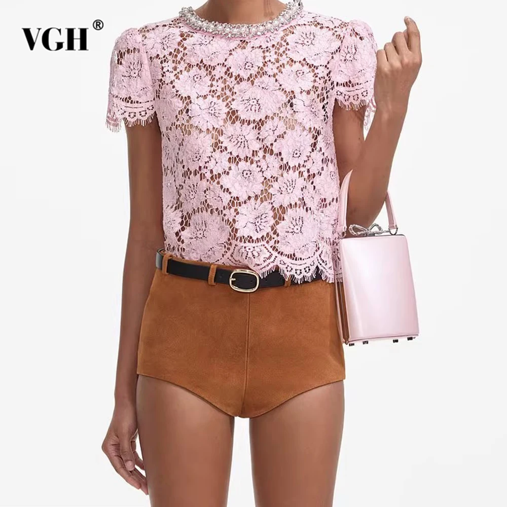 

VGH Solid Slimming Hollow Up Lace Sexy T Shirt For Women Round Neck Short Sleeve Spliced Diamond Elegant T Shirts Female Style