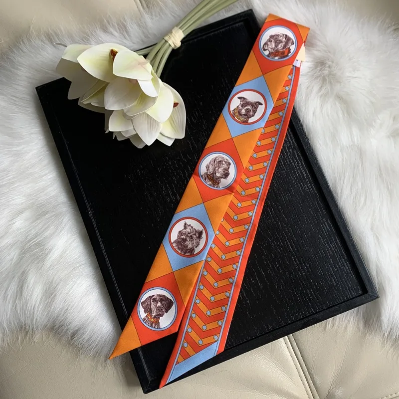 british-retro-puppy-print-narrow-silk-scarf-double-face-diamond-thin-ribbon-neck-scarf-hair-wrap-bag-strap-commute-accessory