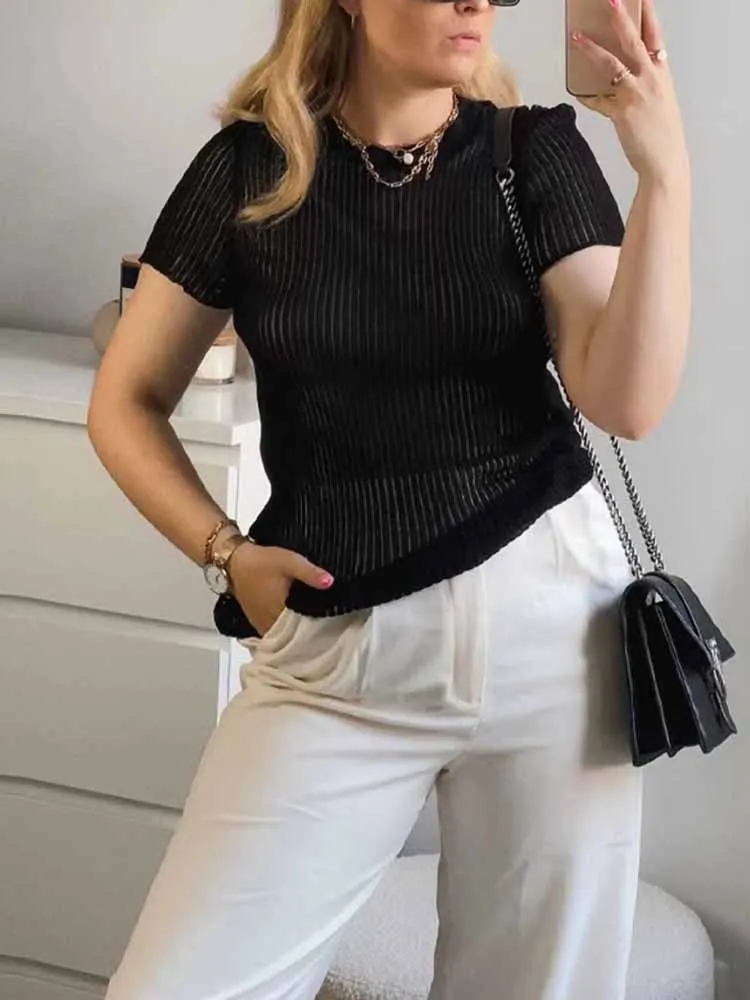 

Elegant White Striped 100% Wool Women's Top See through Short Sleeve Tee Chic Outfit for Club Party Skinny Fit T-Shirt