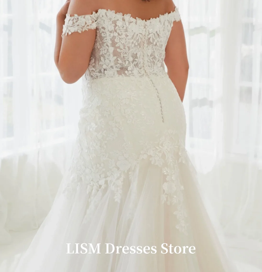 LISM Personalizzato Nuovo Pastrol Abiti da sposa con spalle scoperte Sweetheat Neck Abiti da sposa Tulle Sirena Appliques Illusion Sweep