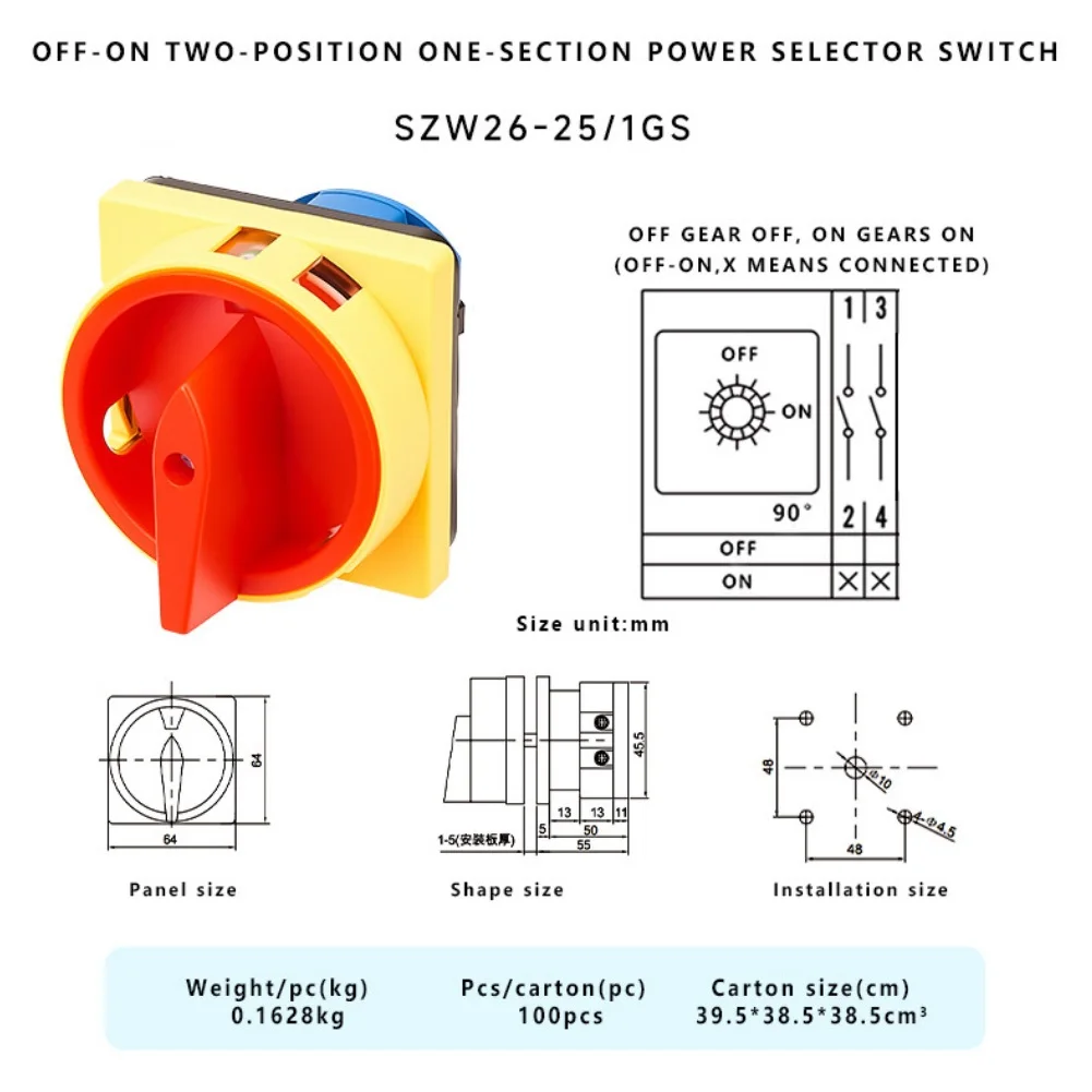 25A 660V Red Rotary Changeover Switch OFF ON Two Position Power Selector For Industrial Machinery Electrical Equipment SZW26-25
