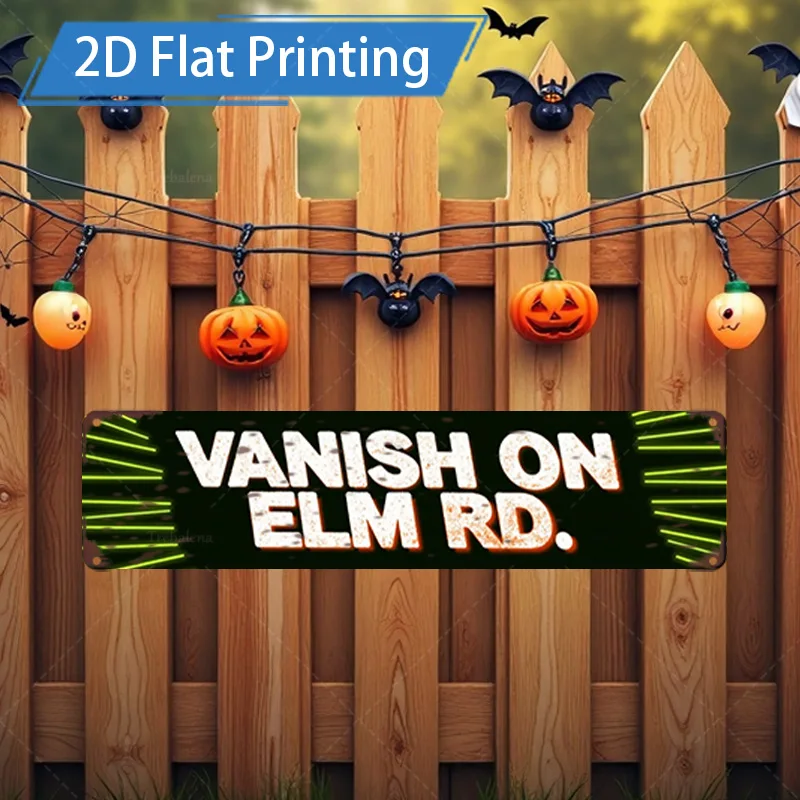 1 قطعة لافتة معدنية، مقاس 4 × 16 بوصة للهالوين "فانيش أون إلم رد". لافتة معدنية مطبوعة مسطحة ثنائية الأبعاد مع ديكور خفافيش اليقطين