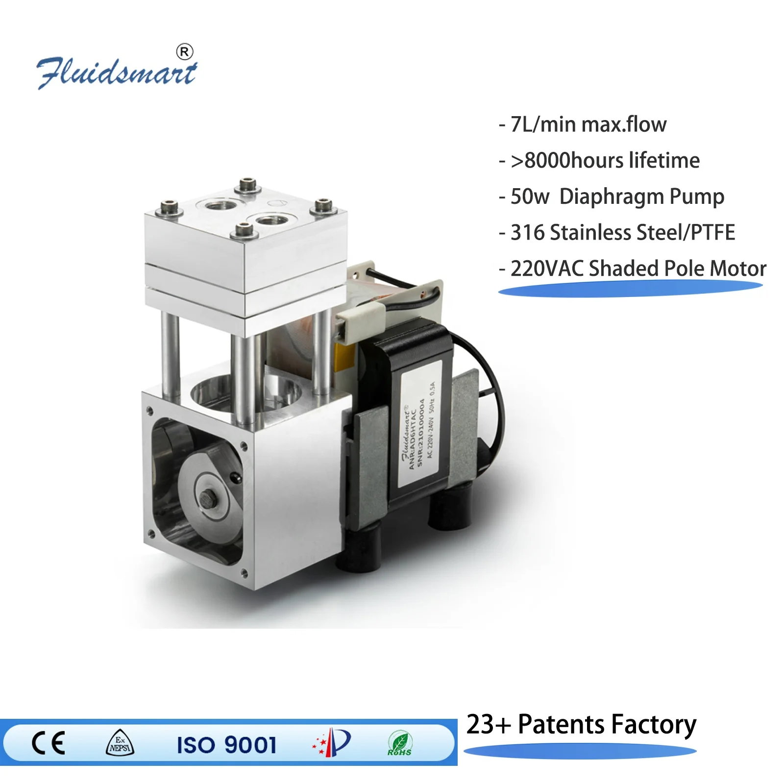 Fluidsmart AD6HTAC High Pressure 220V AC Oilless Stainless Steel Diaphragm Vacuum Pump China Factory Wholesale