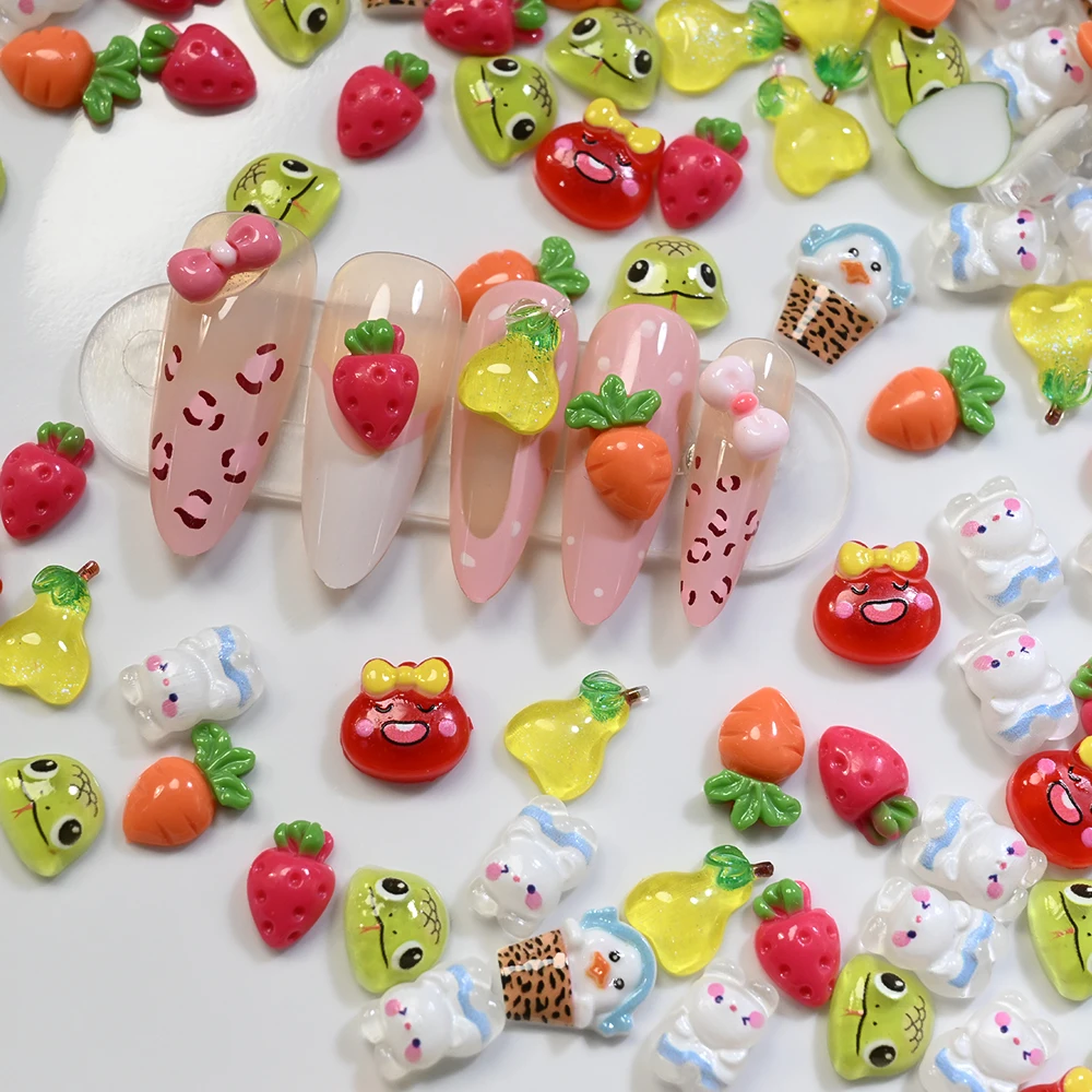 

50Pcs Cute Cartoon Resin Nail Charms 3D Carrot Pear Strawberry Snake Rabbit Nail Rhinestones For DIY Hairpin Crafts Nail Decorat