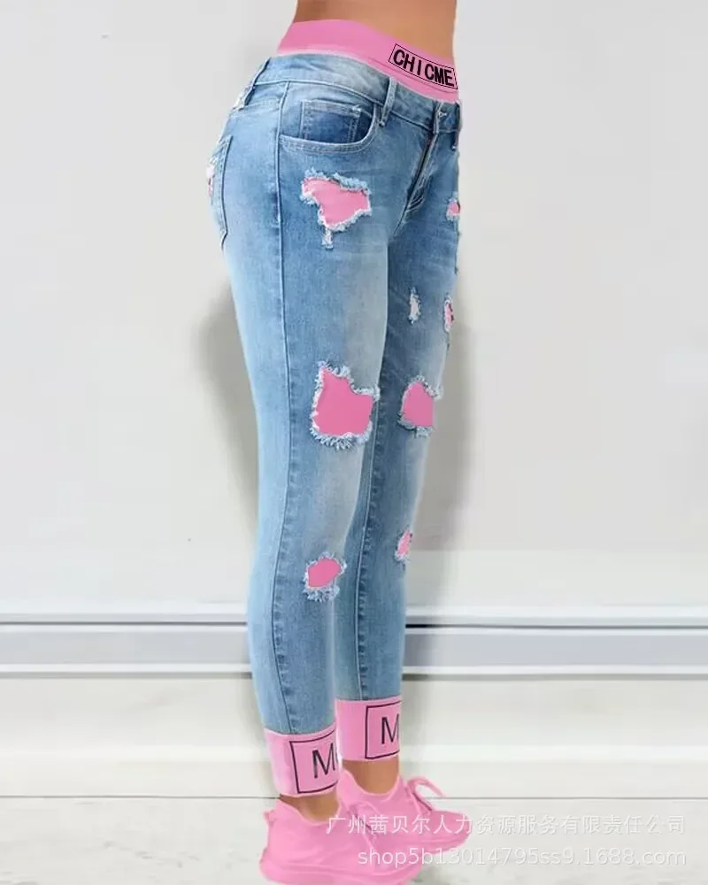 Sahte iki parçalı Patchwork kesme yırtık kot kadın ayak bileği uzunluğu moda rahat yüksek bel kalem pantolon Denim