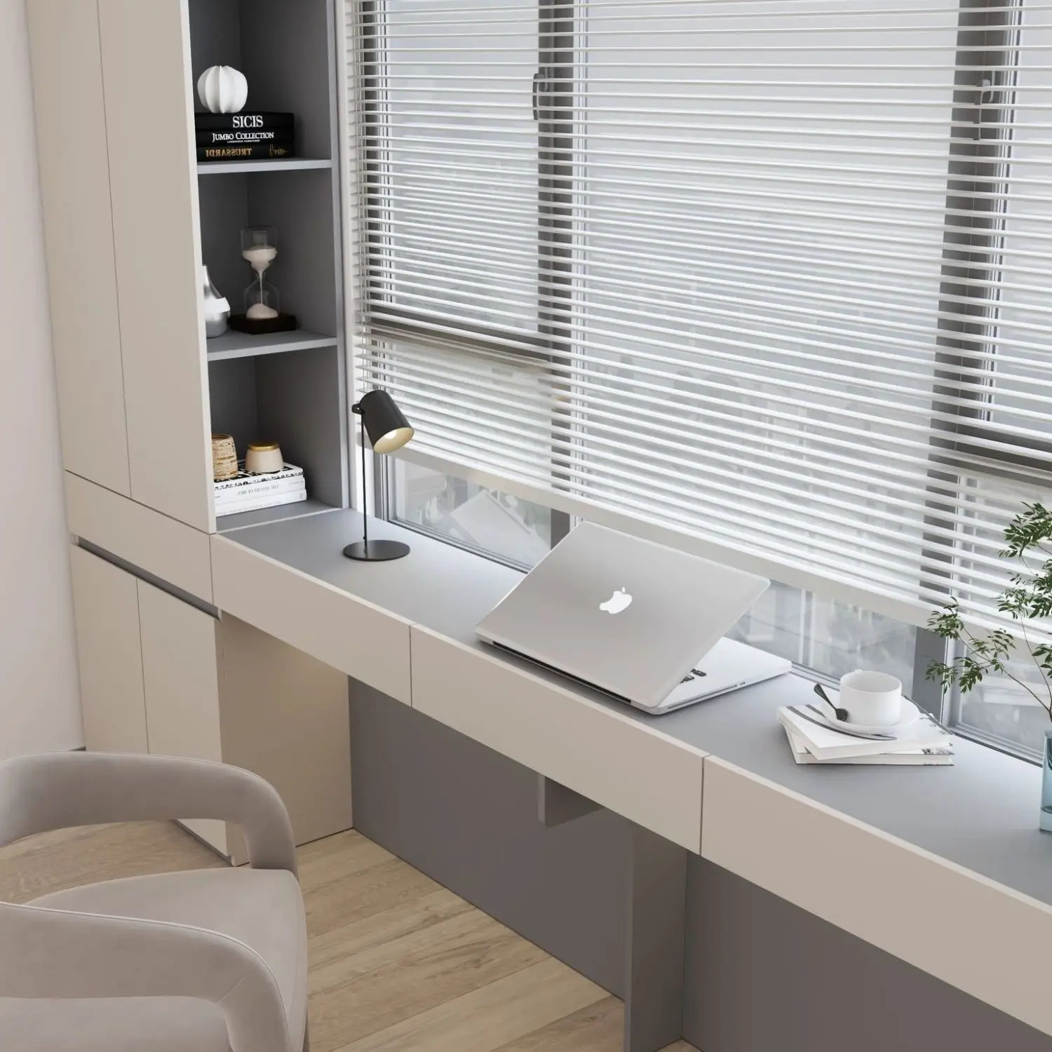 integrated wall-mounted study desk, integrated minimalist storage cabinet