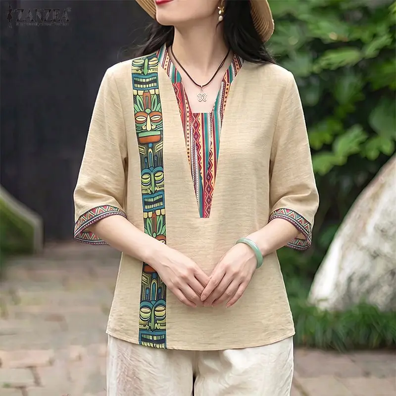ZANZEA Bohemian Women Blouse Autumn 3/4 Sleeve Vintage Ethnic Print Patchwork Tops V Neck Loose Tunic Casual Work Wear Shirt