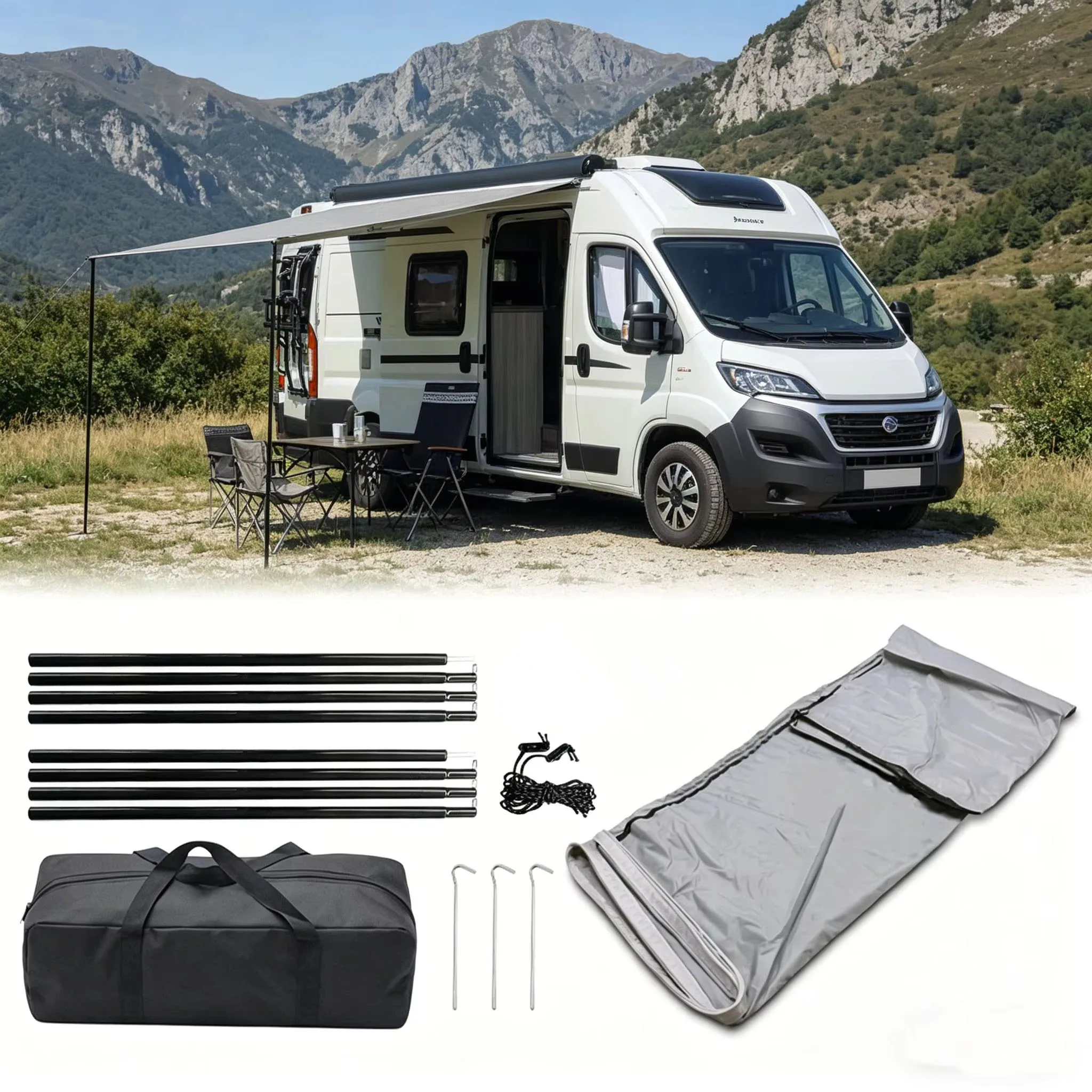 2,5x2,4m Tragbares Wasserdichtes Wohnmobil-Vordach Sonnenschutz Caravan-Seitenzelt Outdoor-Unterstand mit Tasche für Camper und Wanderer