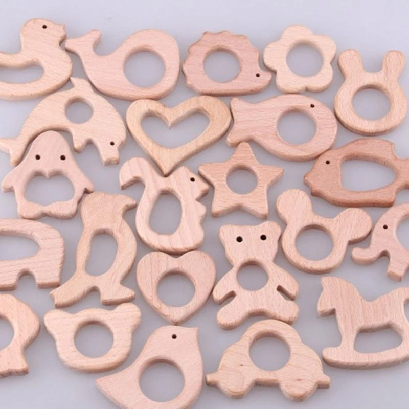 J15U Wooden Elephant Rabbit Heart Love Horse Ring Baby Teether Eco-Friendly Unfinished Baby Grasping Pacifier BPA Beech Toy