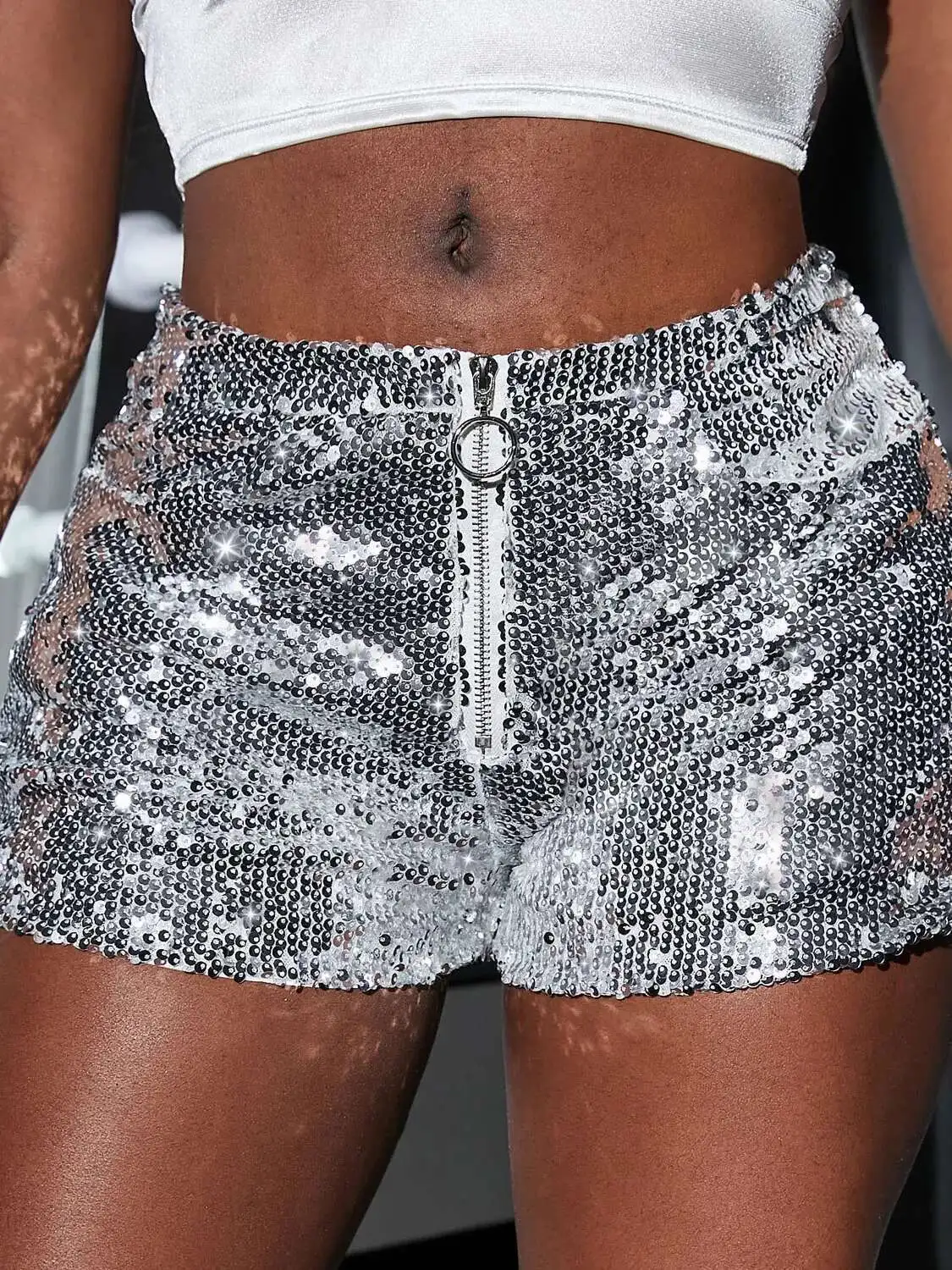 새로운 다목적 스팽글 하이 웨이스트 반바지 캐주얼 반바지 바 댄스 공연 반바지 샤인 지퍼 섹시한 순수한 욕망 나이트 클럽 XMWV