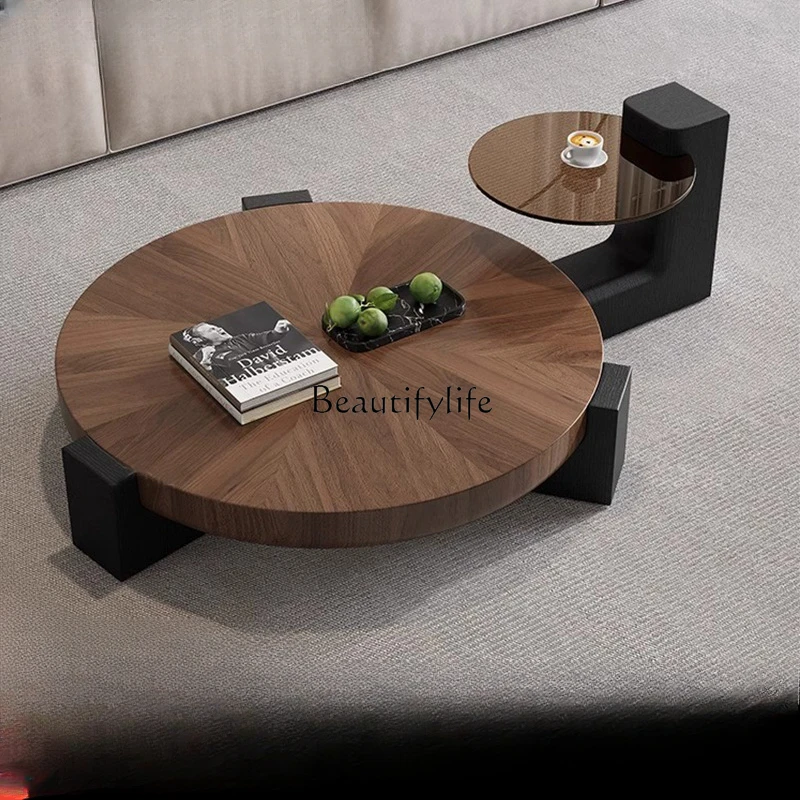 Mesa de centro redonda de nogal, moderna, ligera, de lujo, de alta gama, minimalista italiano, con patrón de madera maciza, novedad de 2024