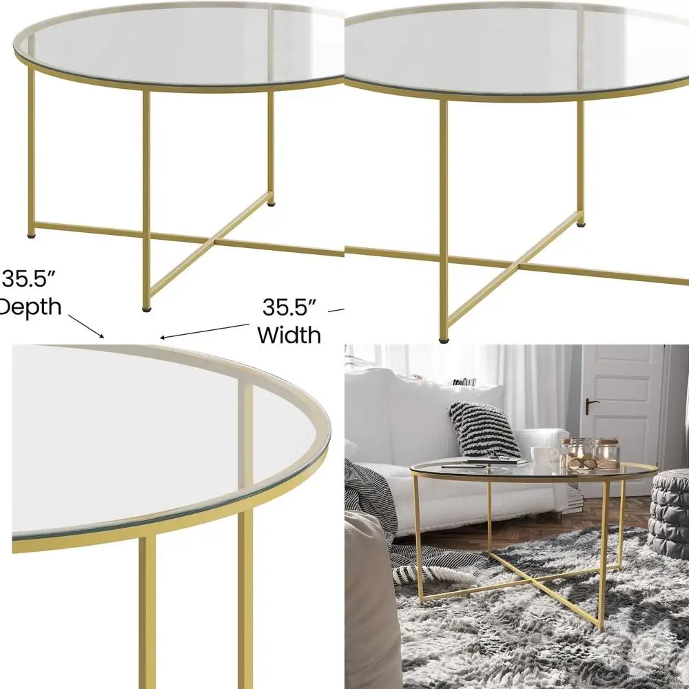 

Modern Clear Glass Top Coffee Table with Crisscross Brushed Gold Frame