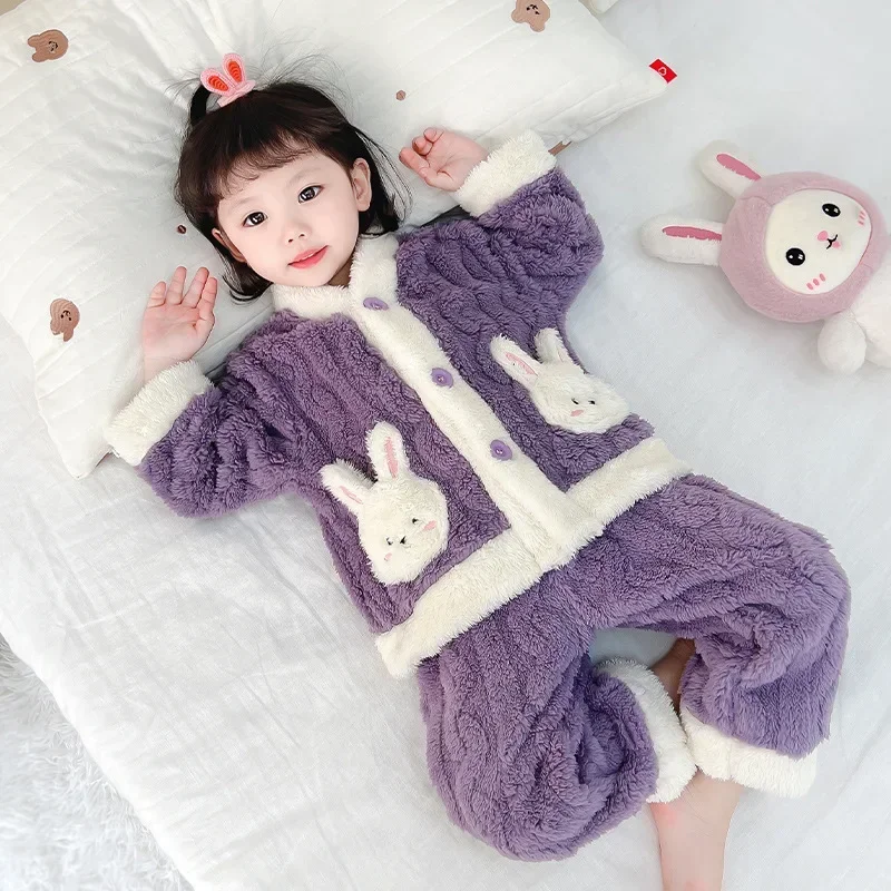 Children\'s Clothing Sets Bunny Pocket Flannel Pajama Set Coral Velvet Homewear Set for Children Boys Girls Clothes Sets