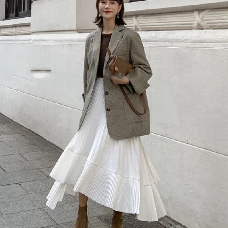 Irregular Skirts Women Midi Elastic Waist Vintage Streetwear Spring Elegant Korean Style Simple All-match Casual Holiday Daily