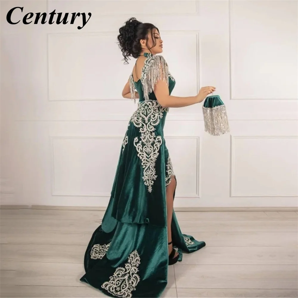 Karakou Algérien-Robe de Soirée Caftan Arabe, Manches Cape, Velours Vert, Robe de Bal avec Poignées, Jupe Amovible Marocaine