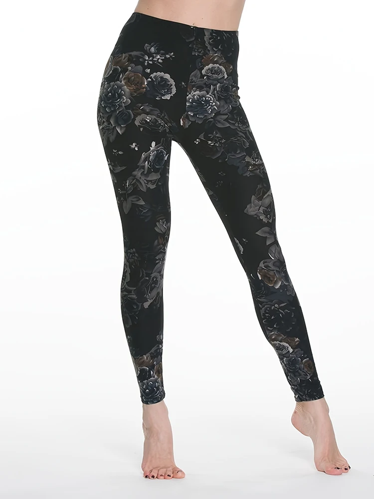 

YSDNCHI Black Floral Print Skinny Leggings Casual Elastic Waist Stretchy Leggins Outwear Sexy Tights Women's Clothing