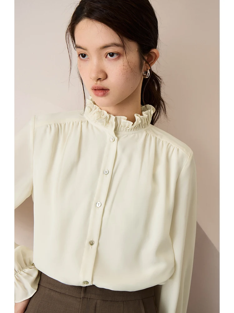 ZIQIAO Stand Collar Women Elegant Solid Long Sleeve Shirts Wood Ear Side Neckline Design Autumn Blouses Female Polyester Shirt