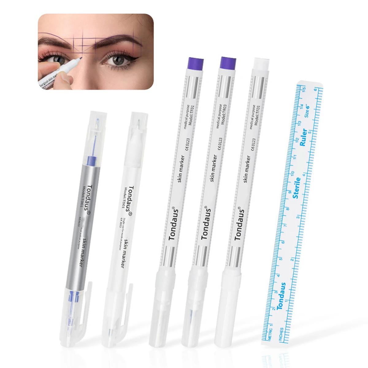 10Pcs Skin Marker Pen Kits Sterilized Package With Ruler Eyelash Extension Tool For Tattoo Piercing Scribe Skin Marker Pen