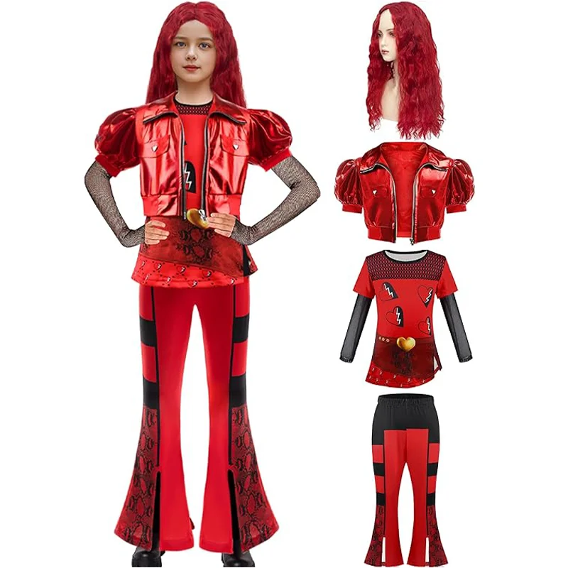 

Girl Red Christmas Costume Movie Rise Red Short Sleeves Jacket+Top+Flared Pants For Kids Halloween Birthday Carnival Party 3-10Y