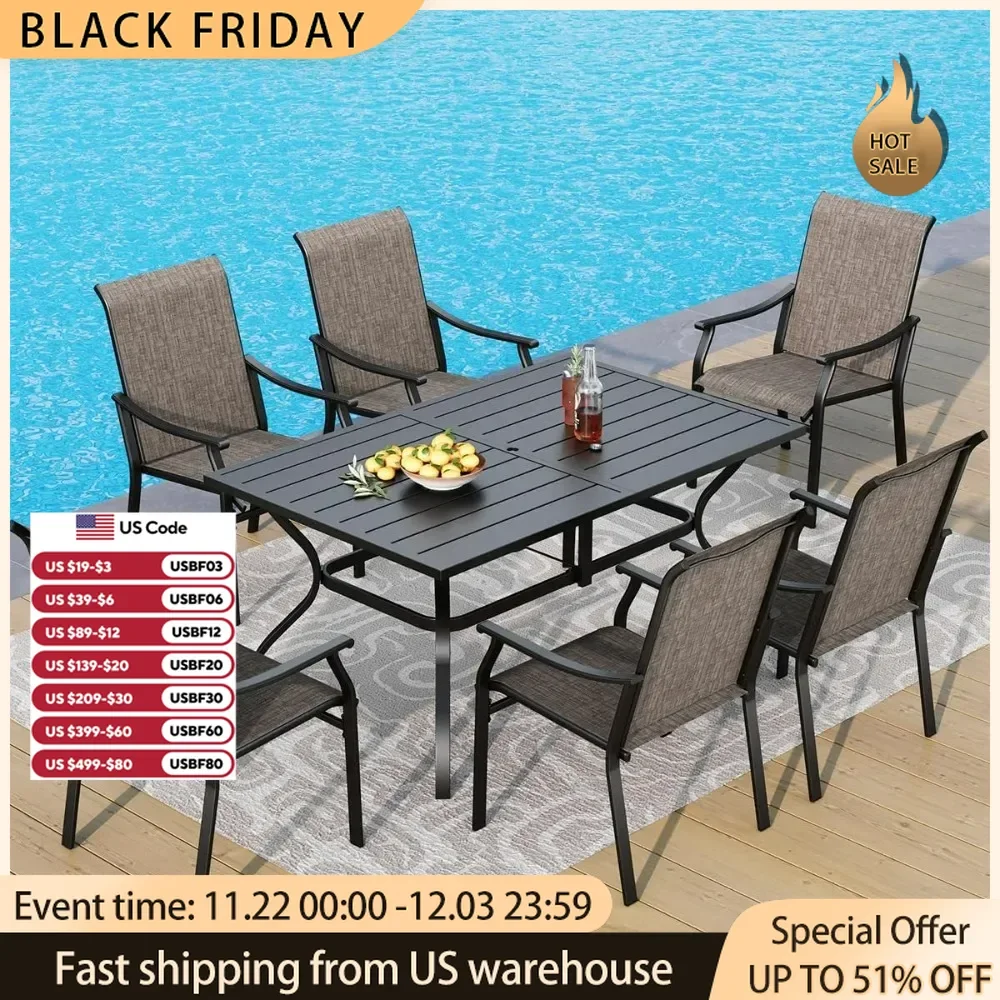 Patio Dining Table Set and Chairs for 6,Fabric and Metal Frame, Metal Dining Table with Umbrella Hole,Outdoor Furniture Dining