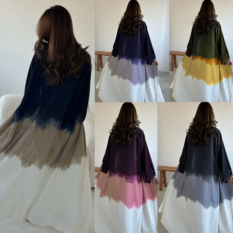 Eid Muslim Abaya for Women contrast color Dress Fashion tie-dye cape new summer cardigan Islam Clothes Eid Ramadan MQ066