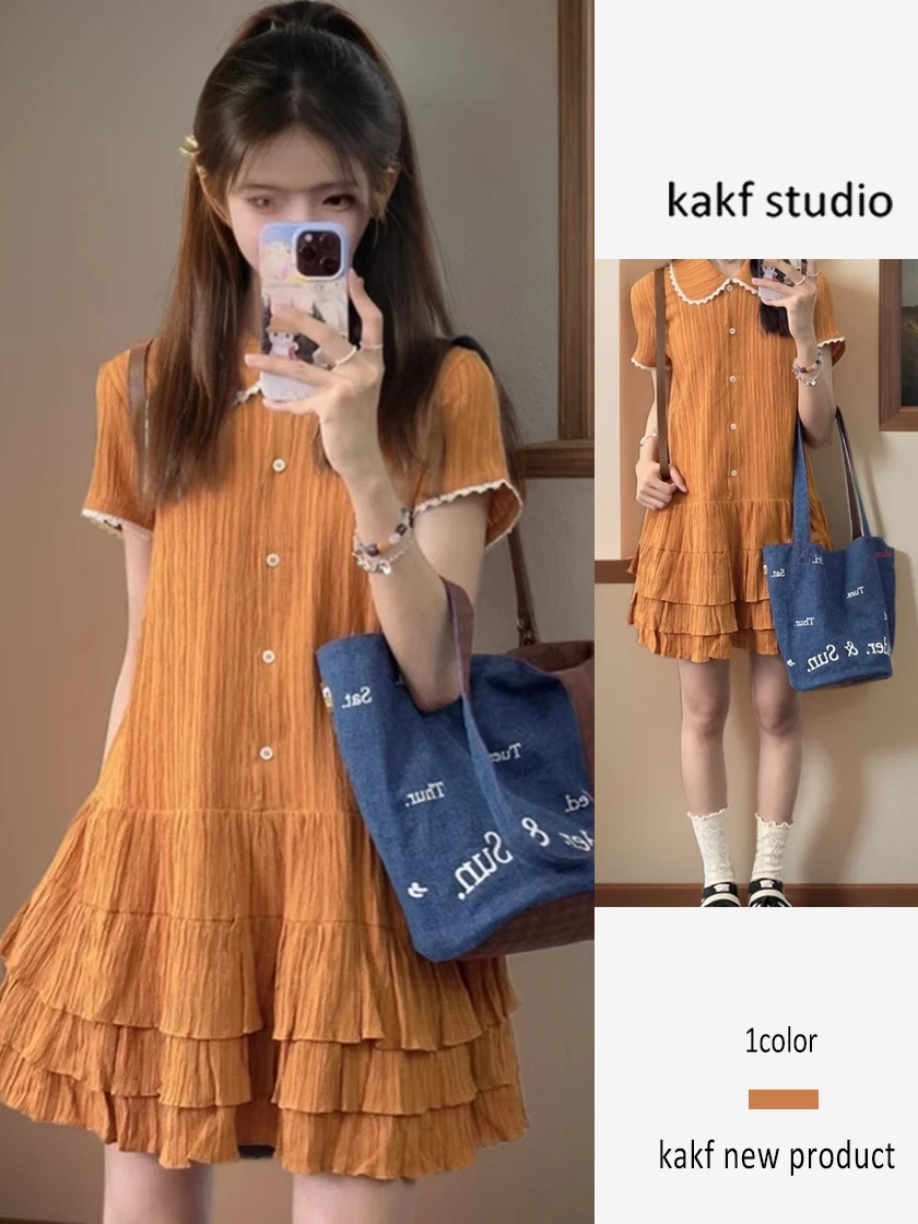 Vestido F Retro com Gola de Boneca e Saia em Camadas, Estilo Único e Doce, Cintura Alta, Manga Curta, Novo Estilo de V...