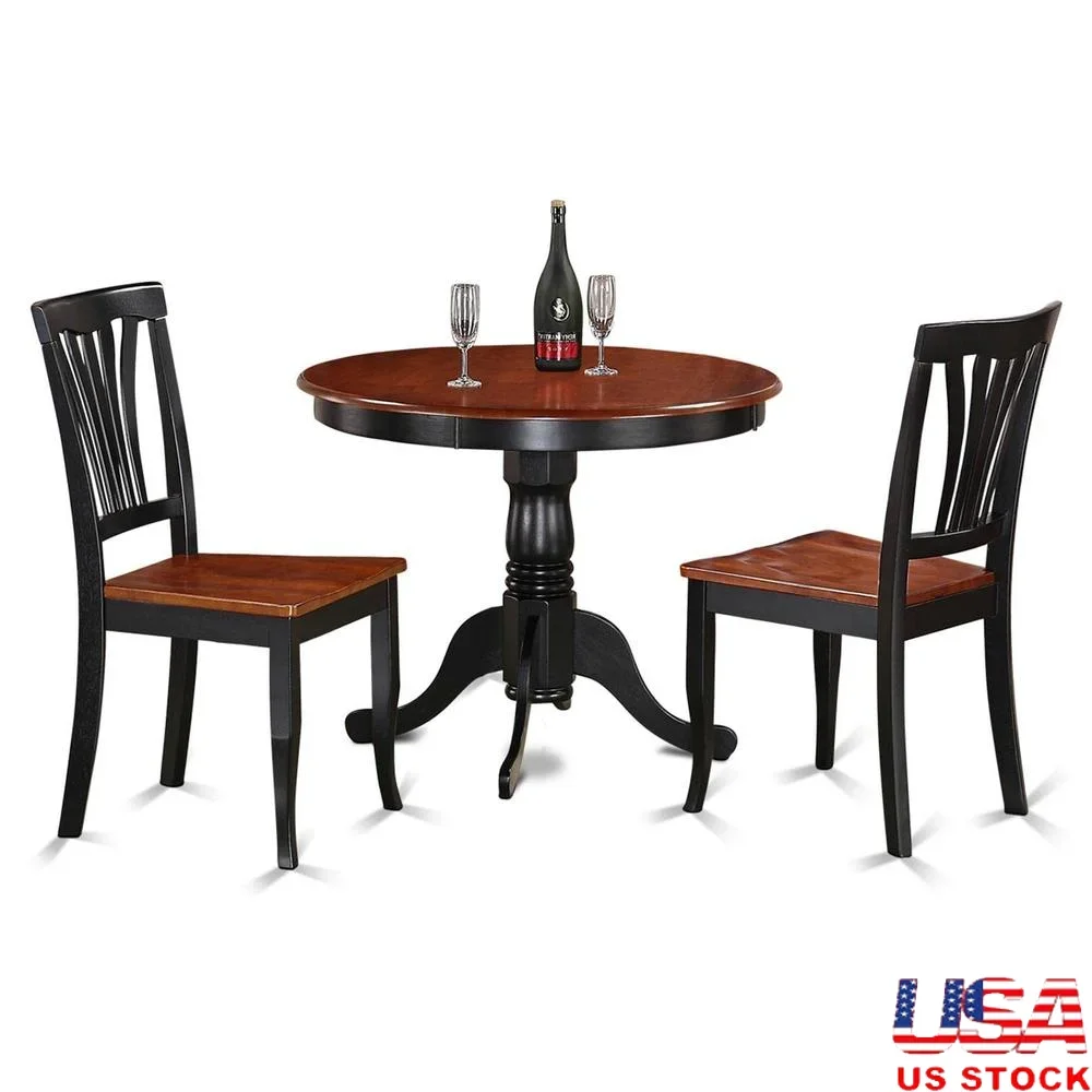 3 Piece Kitchen Table Set Round Dining Table with Pedestal 2 Dining Chairs Small Spaces Solid Wood Mid Century Style