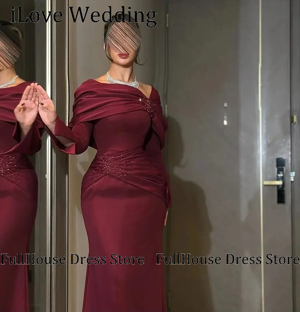 ชุดราตรีออกงานแบบสั่งตัดพิเศษ ทรงเปิดไหล่ จับจีบ แขนยาว ยาวกรอมพื้น เปิดหลัง สไตล์ซาอุดิอาระเบีย ประดับลูกปัด