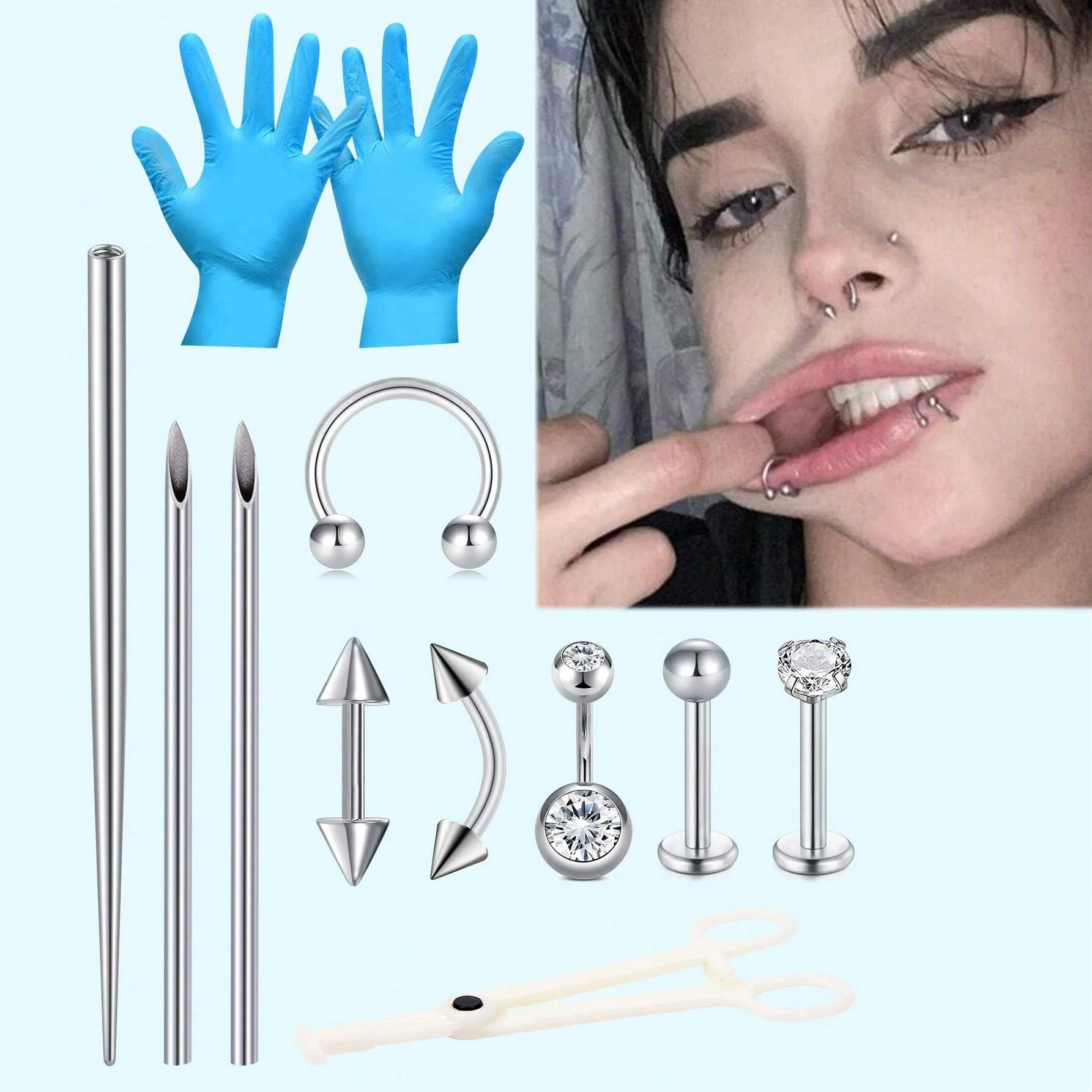 7pcs/Set Stainless Steel Body Piercing Jewelry Kit With 14G 16G Piercing Needles & Ear Cartilage Tragus Nose Septum Lip Eyebrow
