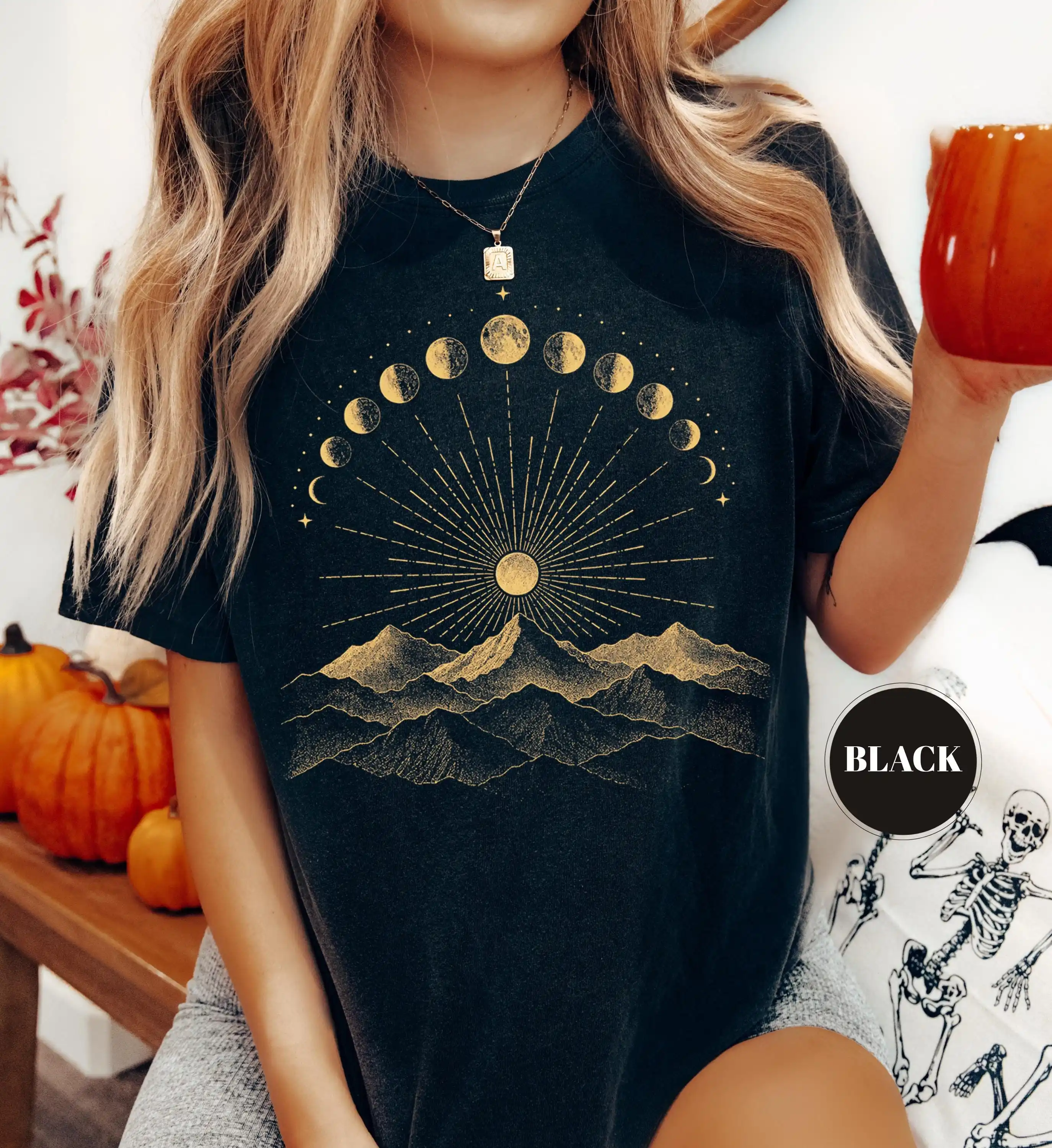 Vintage Celestial Moon Phase T-Shirt, Boho Sunburst Graphic Tee, Mystical Nature Lover Gift, Mountain Astronomy Hiking Tee Shirt