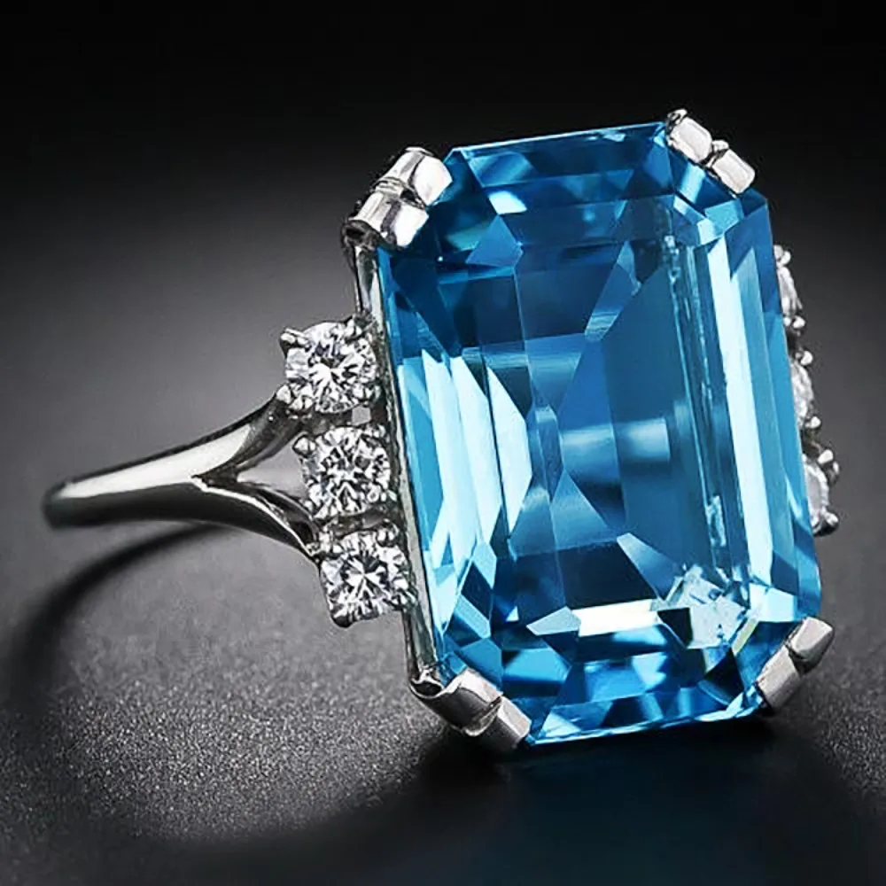 Classic Luxury Shining Large Rectangular Blue 5A Zircon Crystal Rings for Women High Quality Bride Wedding Engagement Jewelry
