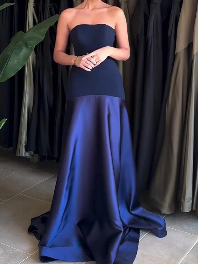 2025年新作夏セクシーレディースドレス　おしゃれな宴会用ストラップレスサテンノースリーブパッチワーク無地上品ワンピース