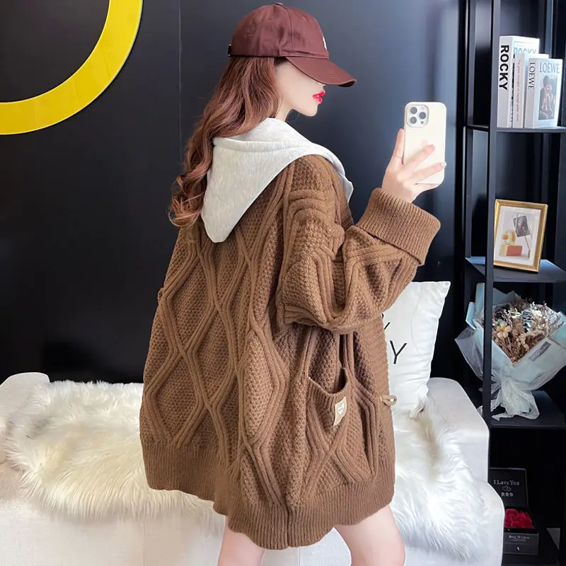 2023 New Spring and Autumn and Winter Simple Jacquard Thickened Lazy Loose Casual Fake Two Piece Hooded Knitted Sweater Cardigan