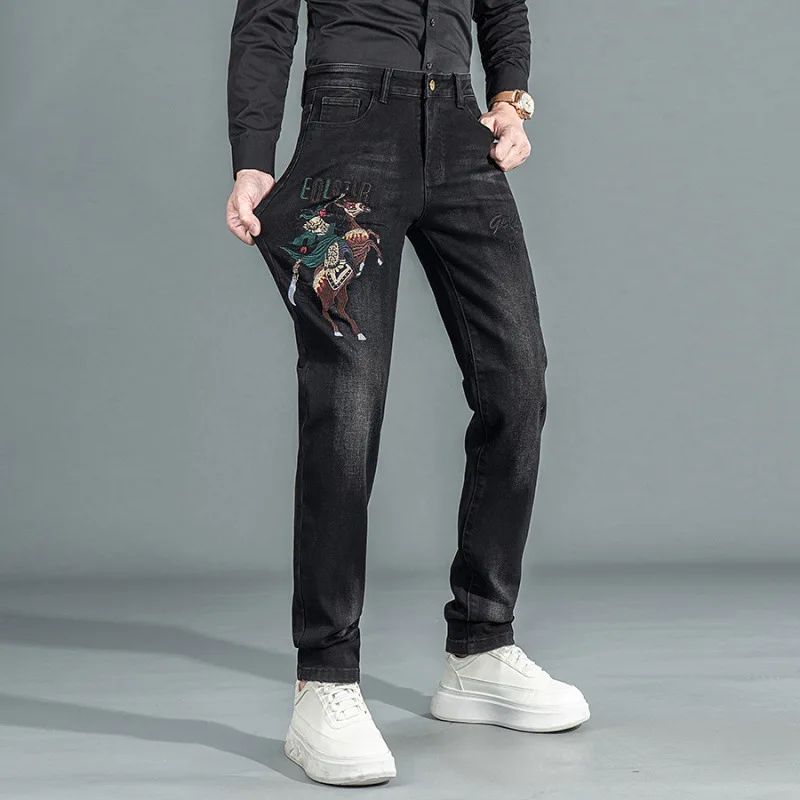

стильные мужские джинсы с вышитым принтом, осень 2023 года, новые эластичные маленькие прямые брюки по индивидуальному заказу, модные брюки