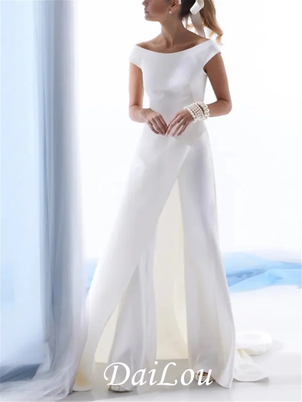 

Jumpsuits Wedding Dresses Jewel Neck Floor Length Stretch Satin Sleeveless Simple with 2022 Free Shipping